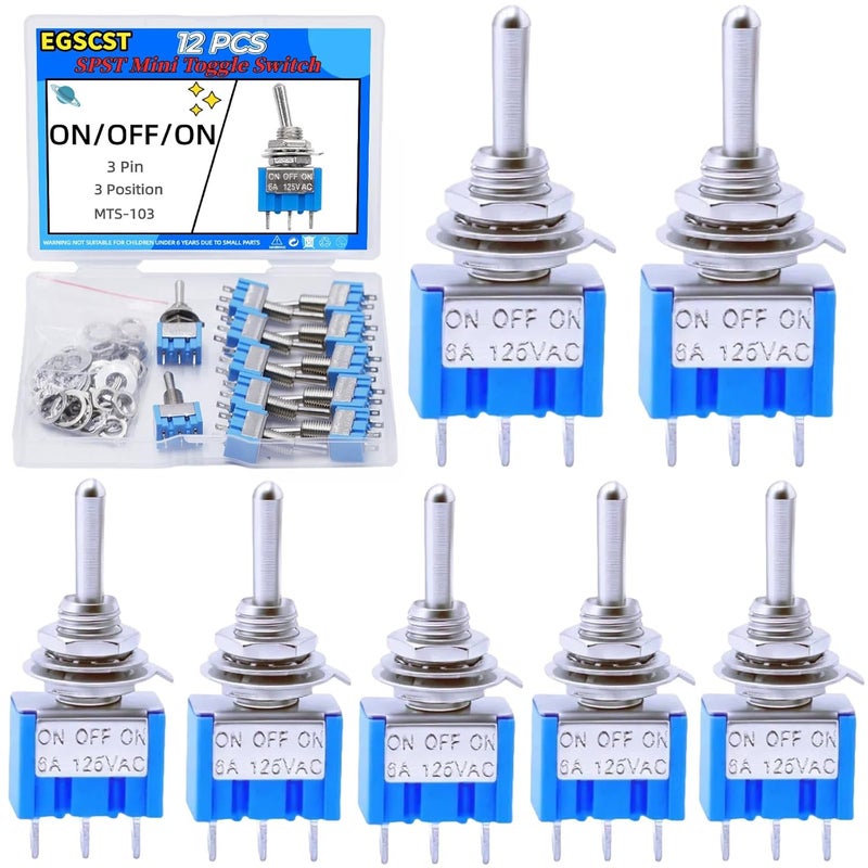 EGSCST 12PCS Mini Toggle Switch SPST 6A 125V Miniature ON/Off/ON 3 Pin 3 Position Micro Rocker Switches 6 Amp 125 Volt MTS-103 - Image 1